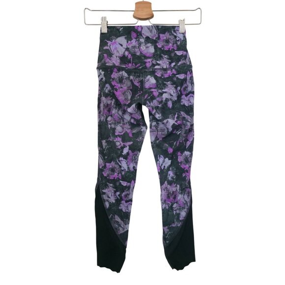 Lululemon Fast & Free Black & Purple Floral Print Athletic Leggings Women's Sz 2 - Picture 2 of 8